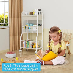 3-tier Baby Diaper Caddy Organizer and Storage Cart with 4+3 Dividers, Metal Utility Cart with Lockable Wheels for Nursery, Bedroom, Bathroom, White