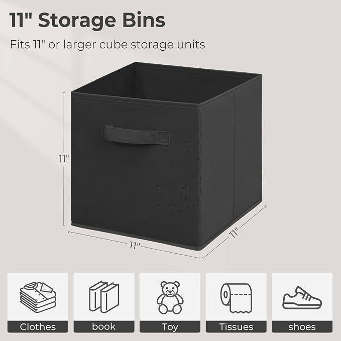 11 Inch Fabric Storage Cubes, Sturdy Foldable Storage Bins, Heavy Duty Cube Organizer for Clothes, Blankets, Shelves, Closets, Bedroom, Living Room, Black, 10 Pack