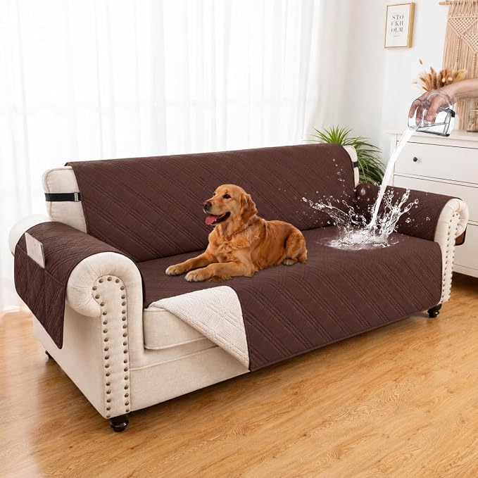 100% Waterproof Couch Cover for Dogs, Washable Anti-Slip Sofa Cover with Elastic Straps & Side Pockets, Quilted Furniture Protector for Kids & Pets (Oversize Sofa 78", Coffee)
