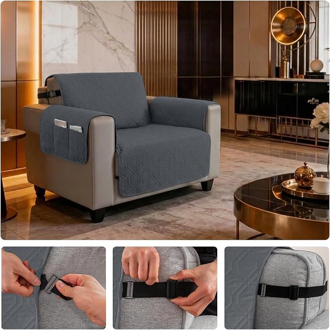 100% Waterproof Couch Cover,Straps&Pockets,pet Friendly,23" Gray | Washable sofa cover, pet-friendly, scratch-resistant furniture protector, quilted sofa cover, reversible, non-slip backing.