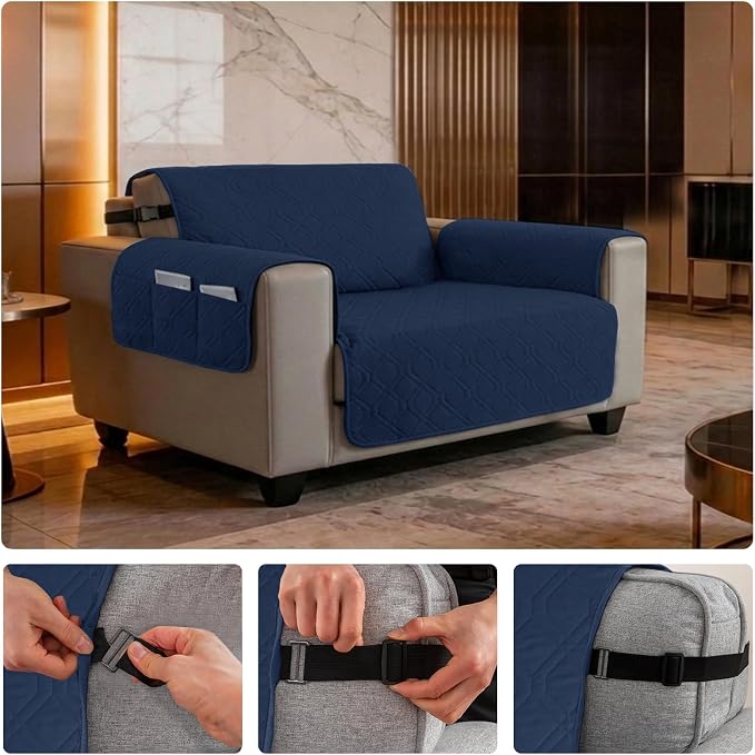 100% Waterproof Quilted Couch Cover,Straps&Pockets,46" Navyblue | Washable sofa cover, pet-friendly, scratch-resistant furniture protector, quilted sofa cover, reversible, non-slip backing.