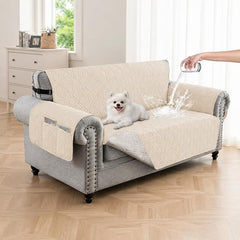 100% Waterproof Couch Cover, Straps&Pockets,pet Friendly,46" Beige | Washable sofa cover, pet-friendly, scratch-resistant furniture protector, quilted sofa cover, reversible, non-slip backing.