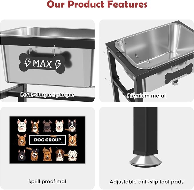 2.8 Gallon Elevated Large Dog Water Bowl, ADENGL 4-Height Adjustable (9.4–14.2'') Raised Stainless Steel Bowl, Dog Bowls Elevated with Spill-Proof Mat & Sturdy Metal Stand for Indoor/Outdoor Use