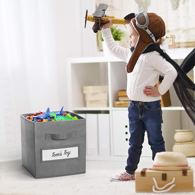 11 Inch Storage Cube,Storage bin (Set of 10) Foldable Fabric Cube Storage Bins with 10 Labels Window Cards & a Pen,Baskets Containers for Shelves,Closet Organizers Box for Home & Office,Gray