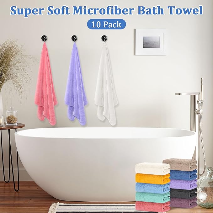 10 Pack Bath Towels Set, Soft Microfiber Towel 27.5 x 55 Inches | Lightweight, Quick Dry, Highly Absorbent Towels for Bathroom, Shower & Beach(Multicolor)