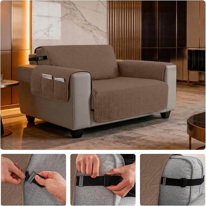 100% Waterproof Quilted Couch Cover,Straps&Pockets,46" Darkbrown | Washable sofa cover, pet-friendly, scratch-resistant furniture protector, quilted sofa cover, reversible, non-slip backing.