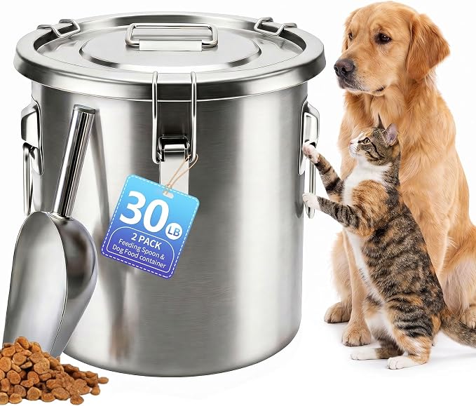 30LB Stainless Steel Dog Food Storage Container with Lid & Scoop, Large Metal Dog Food Container for Dry Pet Food, Pet Food Storage Container for Kibble, Cat Food and Treats