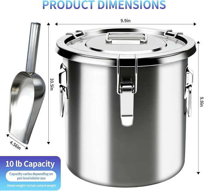 10 lb Stainless Steel Dog Food Storage Container, Airtight Metal Pet Food Storage Bin with Lid and Scoop, Large Dog Food Container for Dry Food, Keep Fresh, Easy to Clean