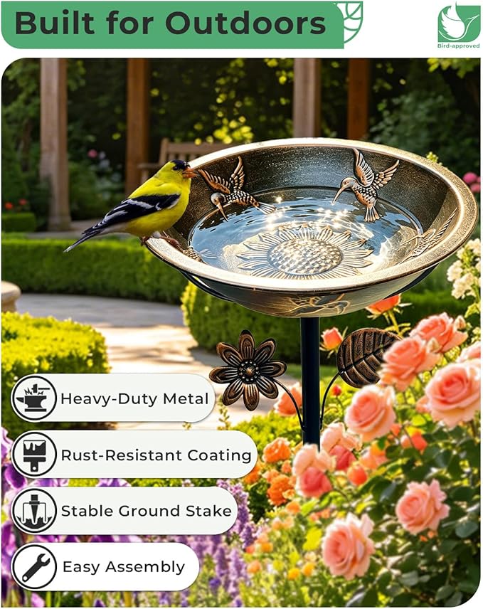13" Metal Bird Bath for Outside – Hummingbird Embossed Garden Birdbath Bowl with Stake | Adjustable Height Outdoor Bird Bath, Removable Bowl, Rust Resistant Yard Lawn Decor
