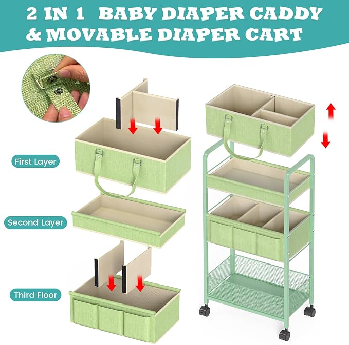 2in1 Baby Diaper Caddy Organizer Cart, 3-Tier Rolling Cart, Metal Diaper Caddy Carts, Bedside Carts for Nursery Essentials Storage, Detachable Dividers, Large Capacity, Green