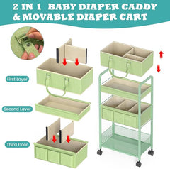 2in1 Baby Diaper Caddy Organizer Cart, 3-Tier Rolling Cart, Metal Diaper Caddy Carts, Bedside Carts for Nursery Essentials Storage, Detachable Dividers, Large Capacity, Green