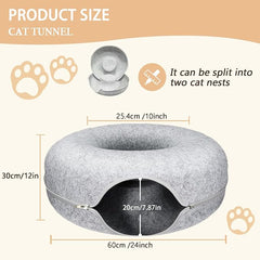 24inch-Tunnel Bed for Indoor,cattasaurus Peekaboo cat cave for Multiple,Detachable Felt Felt Washable Interior for Indoor Cats,Donut Tunnel (Light Gray)