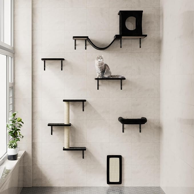 12-in-1 Cat Wall Shelves, Luxury Wall-Mounted Cat Climber Set | with Condos House, Scratching Post, Bridge Ladder, Indoor Space-Saving Furniture for Kittens, Black