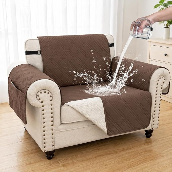 100% Waterproof Couch Cover for Dogs, Anti-Slip Washable Sofa Cover with Elastic Straps & Side Pockets, Durable Furniture Protector for Kids, Pets & Dogs (Armchair 23", Darkbrown)