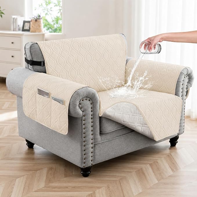 100% Waterproof Couch Cover, Straps&Pockets,pet Friendly,23" Beige | Washable sofa cover, pet-friendly, scratch-resistant furniture protector, quilted sofa cover, reversible, non-slip backing.