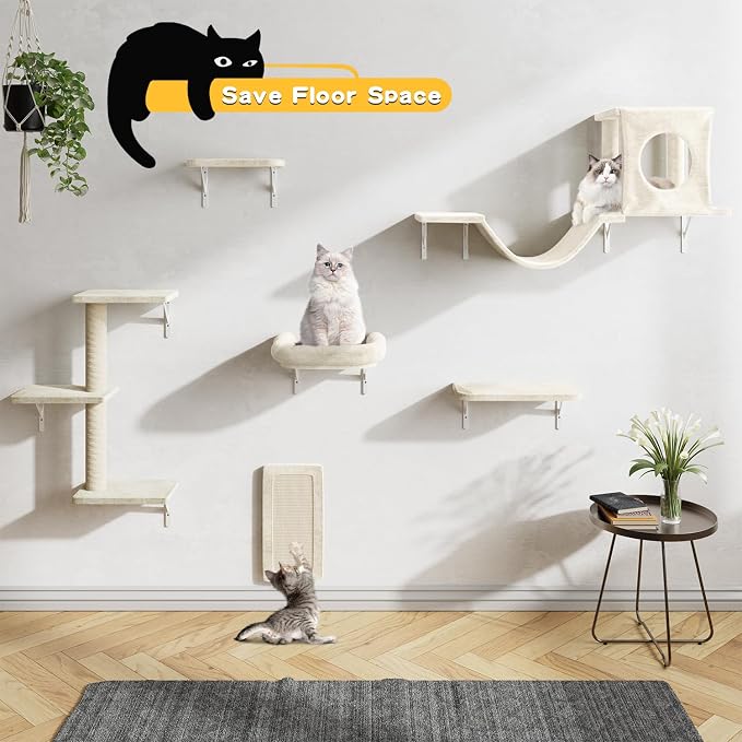 12-in-1 Cat Wall Shelves, Luxury Wall-Mounted Cat Climber Set | with Condos House, Scratching Post, Bridge Ladder, Indoor Space-Saving Furniture for Kittens, Beige