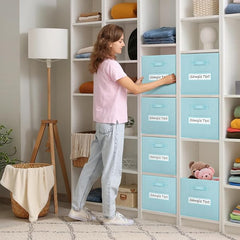 11x11 storage cube bins (Set of 10) Foldable Fabric storage cubes with 10 Labels Window Cards & a Pen,11 inch cube storage bin,Closet Organizers for Shelves,Cubby Organizer Boxes,Blue