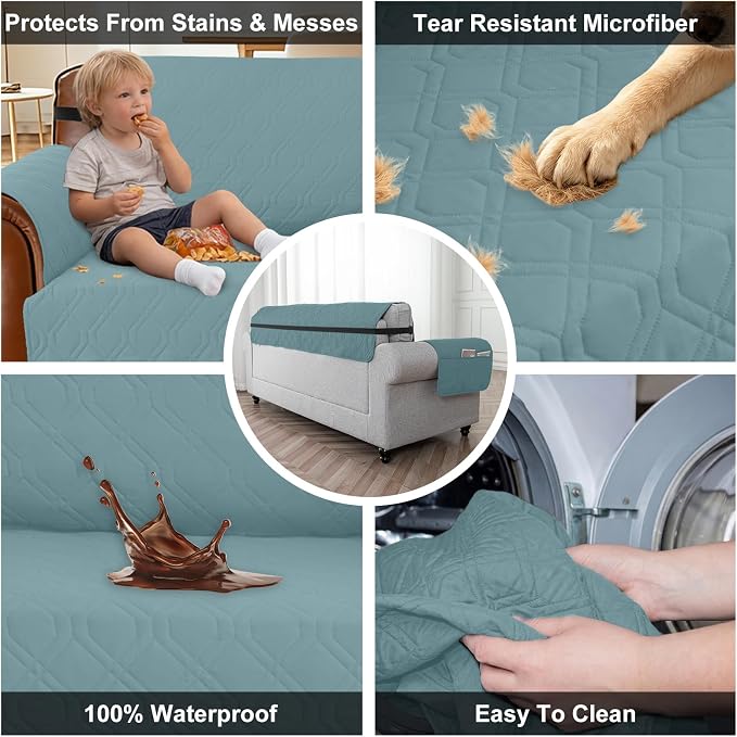 100% Waterproof Quilted Couch Cover,Straps&Pockets,46" Grayishblue | Washable sofa cover, pet-friendly, scratch-resistant furniture protector, quilted sofa cover, reversible, non-slip backing.
