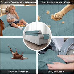 100% Waterproof Quilted Couch Cover,Straps&Pockets,68" Grayishblue | Washable sofa cover, pet-friendly, scratch-resistant furniture protector, quilted sofa cover, reversible, non-slip backing.