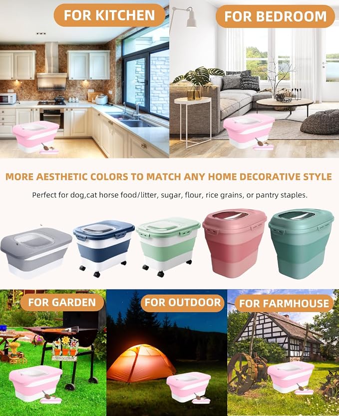 10-13 Lbs Airtight Dog Food Storage Container,Collapsible Pet Food Storage | Dog Food Container with Double Airtight Seal,Cat Food Container Dry Food Fresh,Space Saving,Pest/Mouse-proof,Scoop,Pink