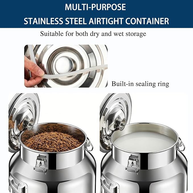 15 Lbs Stainless Steel Dog Food Storage Container with Scoop, Large Metal Dog Food Bin with Airtight Lid & Locking Clamp, Pet Food Container for Dogs & Cats, Keep Fresh, Easy to Clean