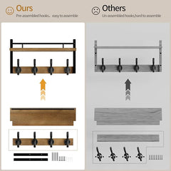 29 inch Coat Rack Wall Mount with Shelf, Entryway Wall Shelf with Hooks, Heavy Duty Coat Hanger Wall Mount with Key Holders and Mail Organizer for Living Room, Bedroom, Wooden Brown & Black