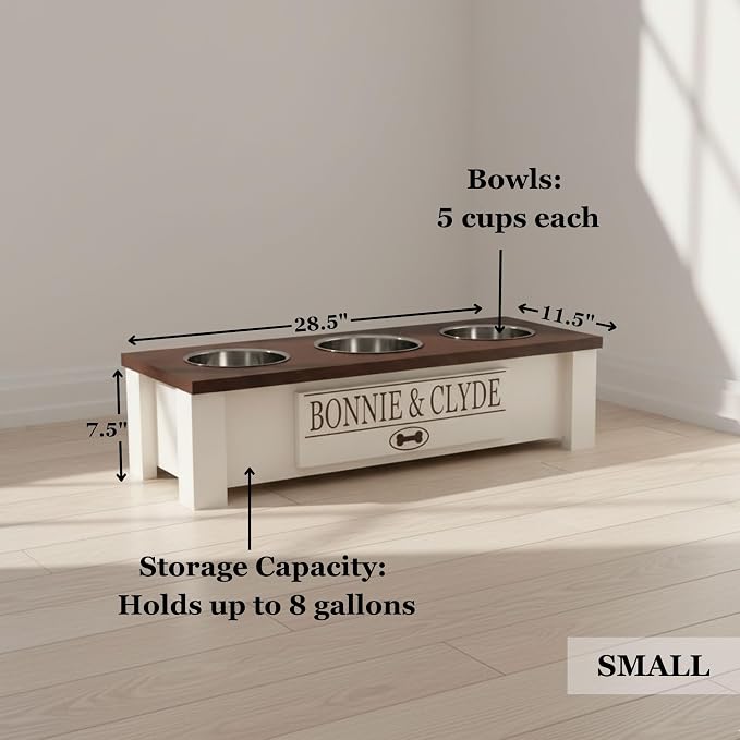 3 Bowl Dog Feeding Station, Personalized Triple Bowl Food Stand Small Dogs | Farmhouse Style, Elevated Wood Stand, Storage Container, Stainless Steel Bowls, Raised Feeder, Small Breed, Made in USA