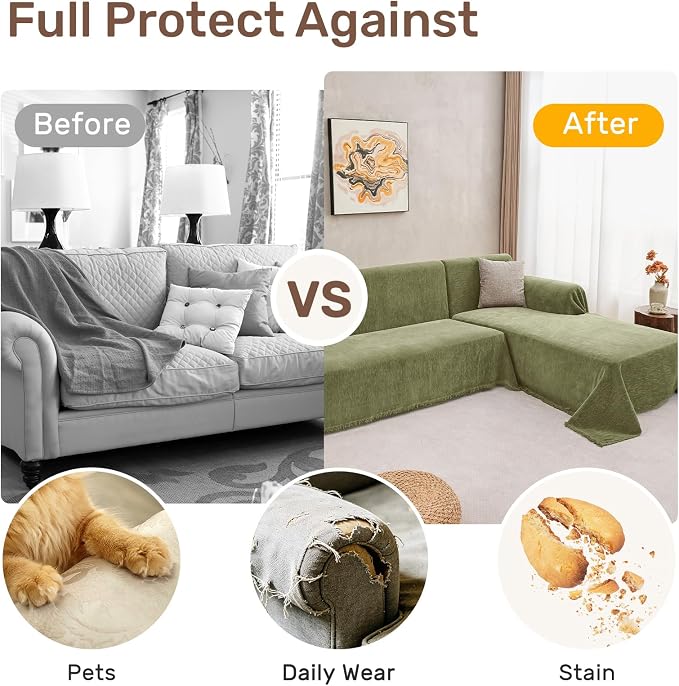 2 Pieces Sectional Couch Covers L Shaped Cover XXXL Green | Thick Washable Fabric for L Shaped Sectional Sofa, Anti-Pet Hair, Stain & Wear Resistant, Easy Care & Installation