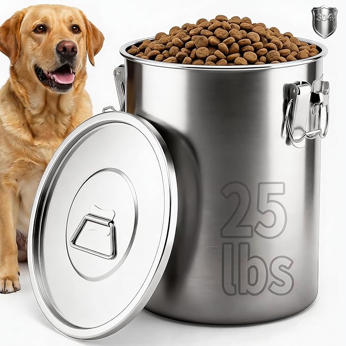 304 Stainless Steel Dog Food Storage Container, 25LB/30LB Airtight Pet Food Container with Locking Lid & Silicone Seal, Large Metal Food Storage Bin for Dry Dog/Cat Food, Rice, Flour (25 LBS)