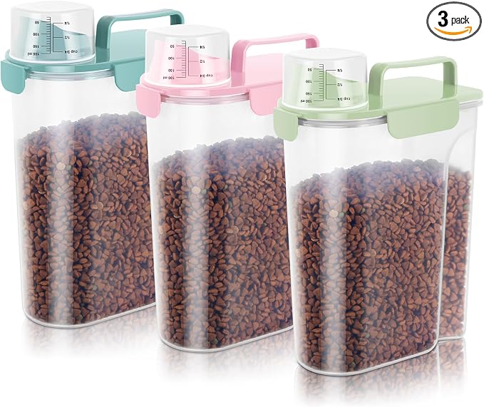 10-20Lbs Portable Cat Dog Food Storage Container with Upgraded Large Spout and Cup Dispenser for Small Large Animal Kibble, Pet Bird Snack, Oatmeal, Rice, Flour, Brown Sugart-3 Pack Pink Blue Green