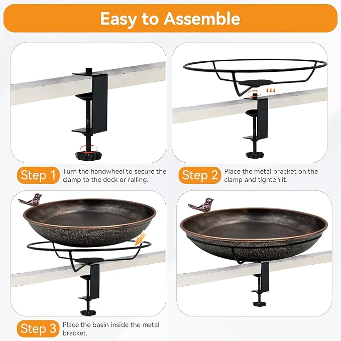 12' Railing Bird Bath for Deck Mounted Metal Bowl with Lightweight Detachable, Bird Baths with Adjustable Sturdy Steel Clamp for Deck Railing Balcony Yard Garden Decoration