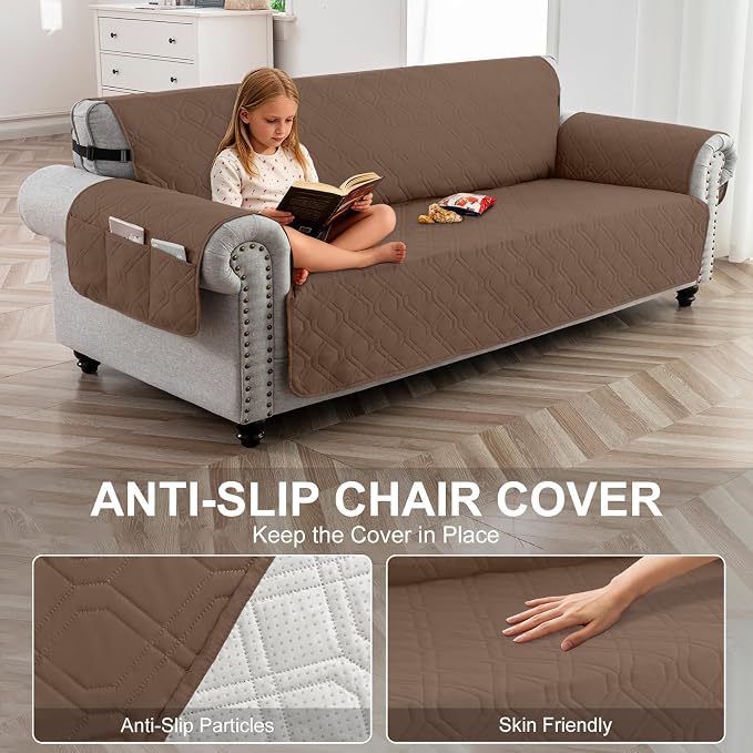 100% Waterproof Quilted Couch Cover,Straps&Pockets,78" Darkbrown | Washable sofa cover, pet-friendly, scratch-resistant furniture protector, quilted sofa cover, reversible, non-slip backing.
