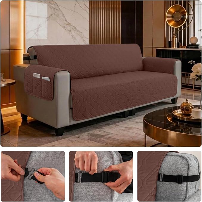 100% Waterproof Couch Cover,Straps&Pockets,pet Friendly,78" Coffee | Washable sofa cover, pet-friendly, scratch-resistant furniture protector, quilted sofa cover, reversible, non-slip backing.
