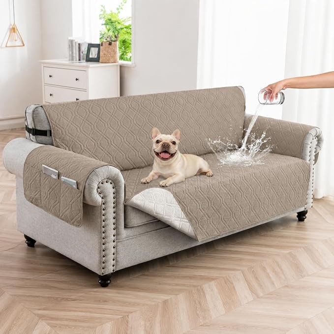 100% Waterproof Couch Cover,Straps&Pockets,pet Friendly,68" Camel | Washable sofa cover, pet-friendly, scratch-resistant furniture protector, quilted sofa cover, reversible, non-slip backing.