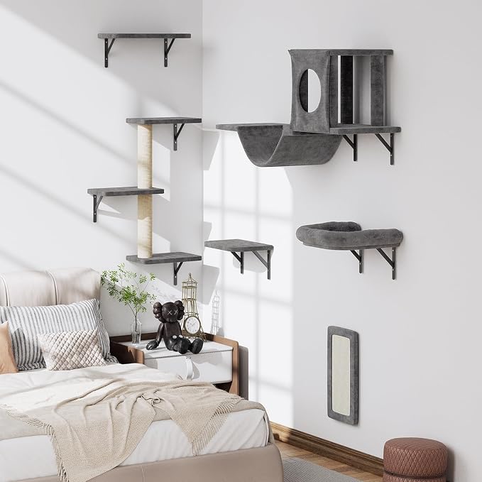 12-in-1 Cat Wall Shelves, Luxury Wall-Mounted Cat Climber Set | with Condos House, Scratching Post, Bridge Ladder, Indoor Space-Saving Furniture for Kittens, Dark Gray