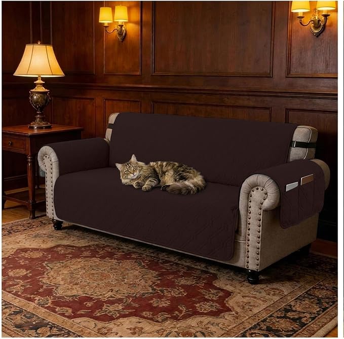 100% Waterproof Quilted Couch Cover,Straps&Pockets,78" Chocolate | Washable sofa cover, pet-friendly, scratch-resistant furniture protector, quilted sofa cover, reversible, non-slip backing.