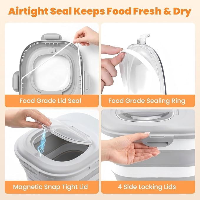28 Lbs Dog Food Storage Container, Collapsible Cat Food Container | Airtight Pet Food Storage Containers with Wheels, Clear Window, Measuring Cup and Scoop, BPA Free for Rice, Flour, Bird Seed