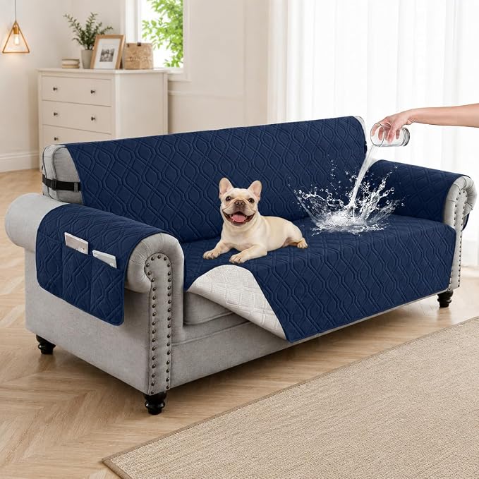 100% Waterproof Quilted Couch Cover,Straps&Pockets,68" Navyblue | Washable sofa cover, pet-friendly, scratch-resistant furniture protector, quilted sofa cover, reversible, non-slip backing.