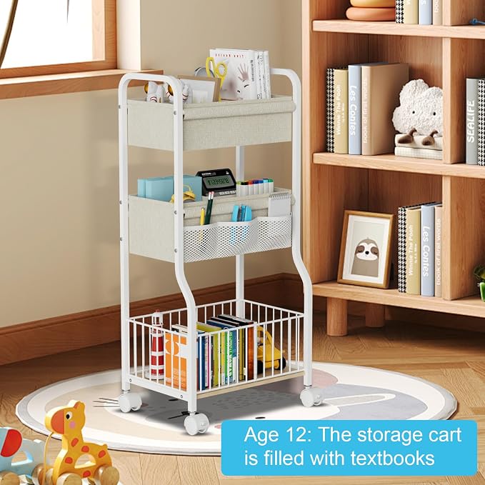 3-tier Baby Diaper Caddy Organizer and Storage Cart with 4+3 Dividers, Metal Utility Cart with Lockable Wheels for Nursery, Bedroom, Bathroom, White
