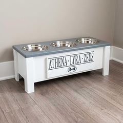 3 Bowl Dog Feeding Station, Personalized Triple Bowl Food Stand Medium Dogs | Farmhouse Style, Elevated Wood Stand, Storage Container, Stainless Steel Bowls, Raised Anti-Slip Feeder, Made in USA