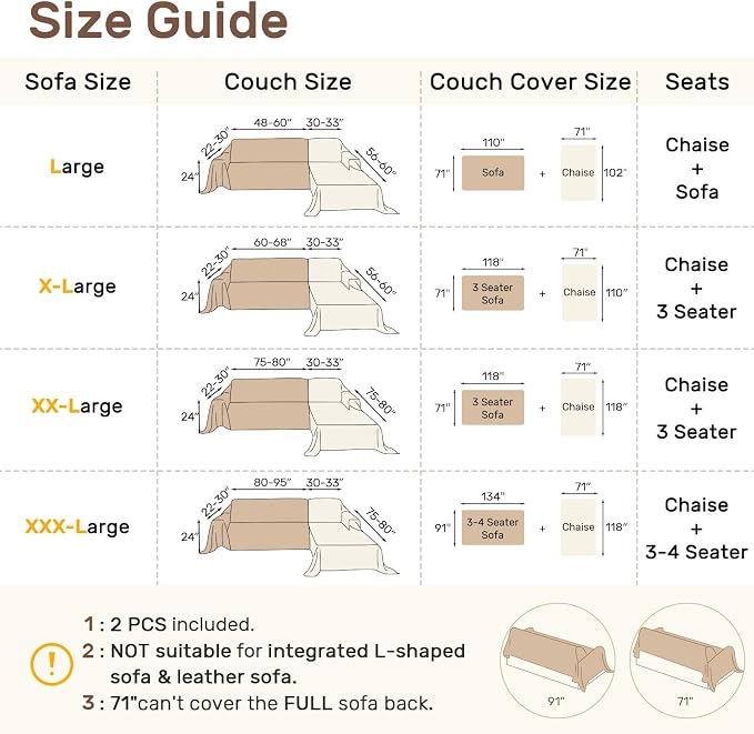2 Pieces Sectional Couch Covers L Shaped Cover XL Dusty Blue | Thick Washable Fabric for L Shaped Sectional Sofa, Anti-Pet Hair, Stain & Wear Resistant, Easy Care & Installation