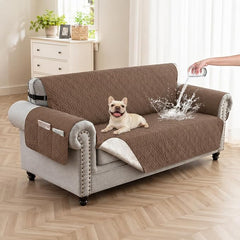 100% Waterproof Quilted Couch Cover,Straps&Pockets,68" Darkbrown | Washable sofa cover, pet-friendly, scratch-resistant furniture protector, quilted sofa cover, reversible, non-slip backing.