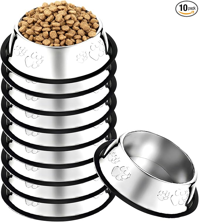 10 Pcs Stainless Steel Dog Bowl Pet Feeding Bowl with Rubber Base Non-Slip Pet Dishes Metal Dog Bowls Pet Food and Water Bowls for Small Medium Animals Kitten Rabbit (10.1 oz)
