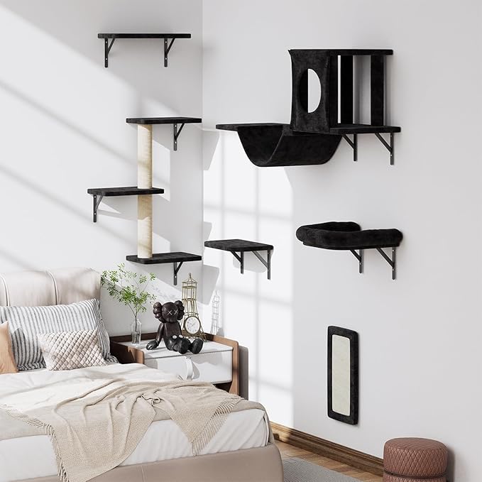 12-in-1 Cat Wall Shelves, Luxury Wall-Mounted Cat Climber Set | with Condos House, Scratching Post, Bridge Ladder, Indoor Space-Saving Furniture for Kittens, Black