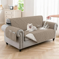 100% Waterproof Couch Cover,Straps&Pockets,pet Friendly,46" Camel | Washable sofa cover, pet-friendly, scratch-resistant furniture protector, quilted sofa cover, reversible, non-slip backing.
