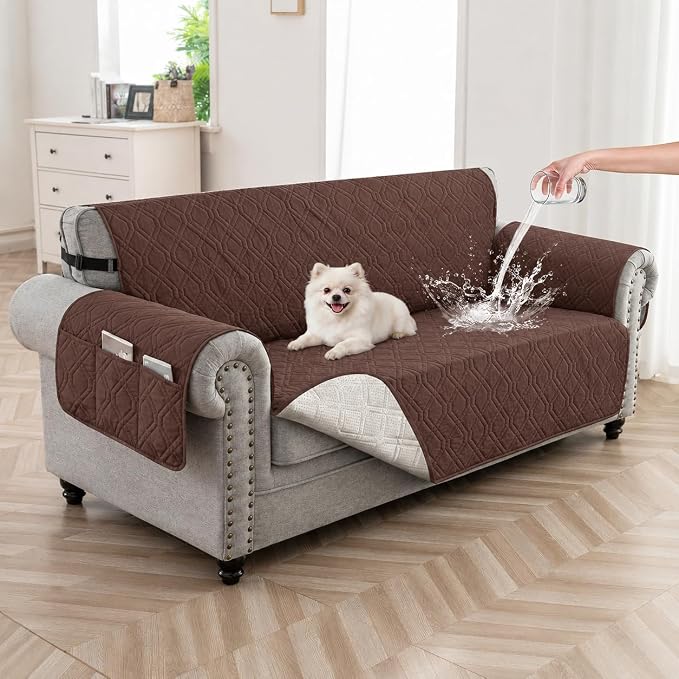 100% Waterproof Couch Cover,Straps&Pockets,pet Friendly,46" Coffee | Washable sofa cover, pet-friendly, scratch-resistant furniture protector, quilted sofa cover, reversible, non-slip backing.