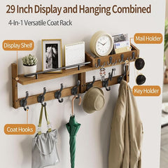 29 inch Coat Rack Wall Mount with Shelf, Entryway Wall Shelf with Hooks, Heavy Duty Coat Hanger Wall Mount with Key Holders and Mail Organizer for Living Room, Bedroom, Brown