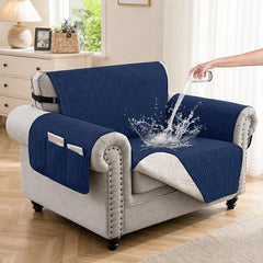 100% Waterproof Quilted Couch Cover,Straps&Pockets,23" Navyblue | Washable sofa cover, pet-friendly, scratch-resistant furniture protector, quilted sofa cover, reversible, non-slip backing.
