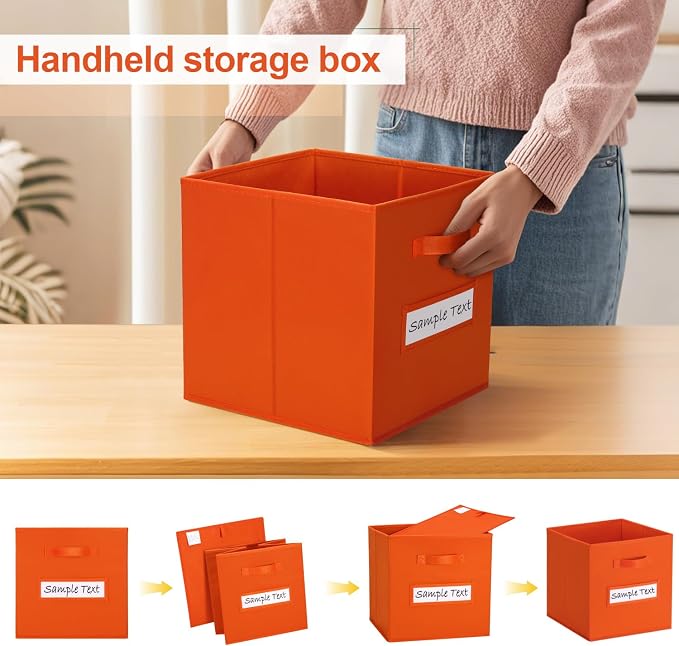 11x11 storage cube bins (Set of 10) Foldable Fabric storage cubes with 10 Labels Window Cards & a Pen,11 inch cube storage bin,Closet Organizers for Shelves,Cubby Organizer Boxes,Orange