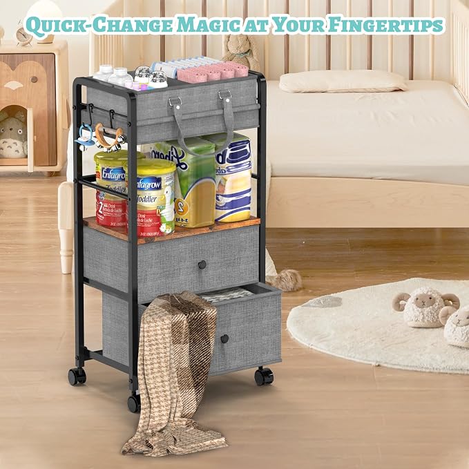2IN1 Baby Diaper Caddy Organizer & 4-Tier Rolling Cart, Bedside Cart for Baby Essentials Nursery With Drawers, Metal Mobile Diaper Caddy Cart with Wheels, Storage Basket with Dividers for Baby Shower